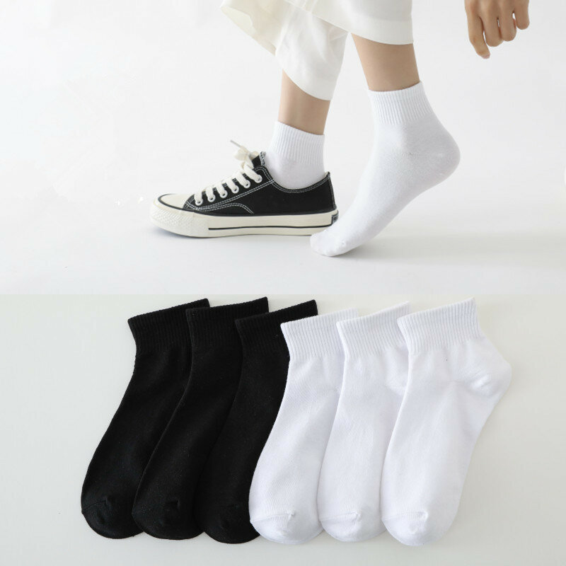 5 Pairs/lot Fashion Elegant Solid Black White Women Cotton Socks Summer Spring Vintage Student Girls Short Female Low Cut Ankle