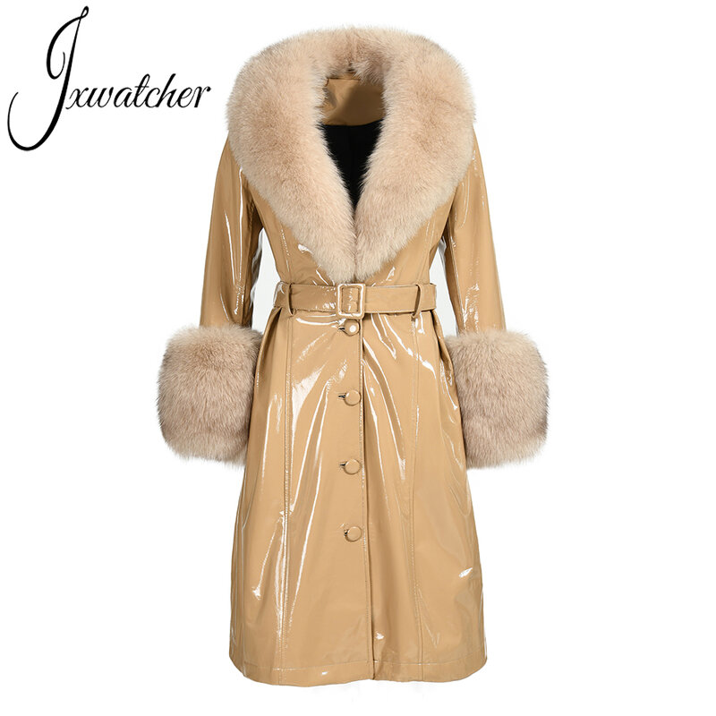 Jxwatcher-gabardina larga de piel auténtica para mujer, abrigo de piel de oveja de talla grande con cuello de piel de zorro Real, prendas de vestir para Otoño e Invierno
