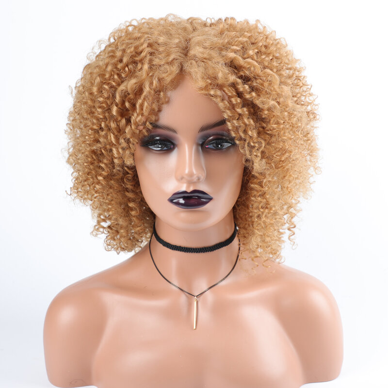 Geel Human Hair Blend Pruiken 4X4 Krullend Lace Menselijk Haar Mix Pruiken Voor Zwarte Vrouwen Indian Kant Deel krullend Pruiken Non-Remy Haar