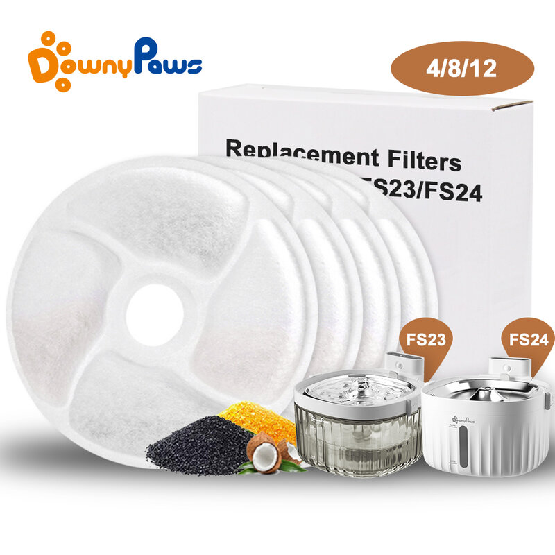 DownyPaws FS23/FS24 Replacement Filter for Battery Operated Cat Water Fountain Activated Carbon Filters 4/8/12 Pack