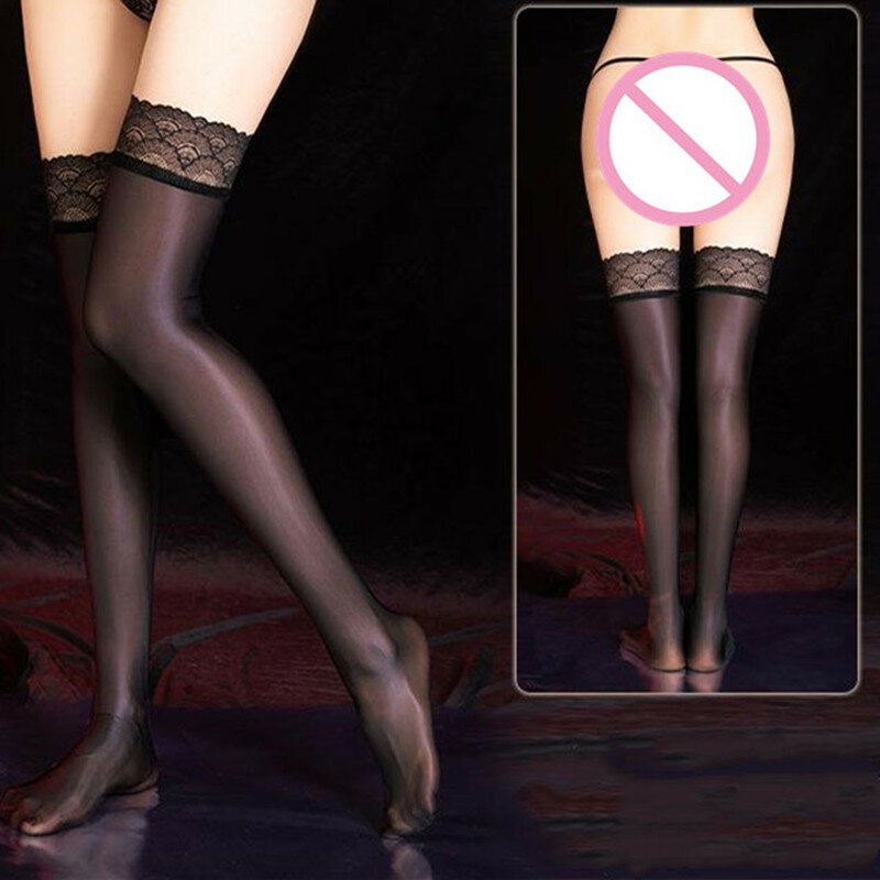 Meias de nylon ultrafinas para senhoras, meias antiderrapantes longas, meias de renda para festa, lingerie transparente para mulheres, meias femininas, tentação