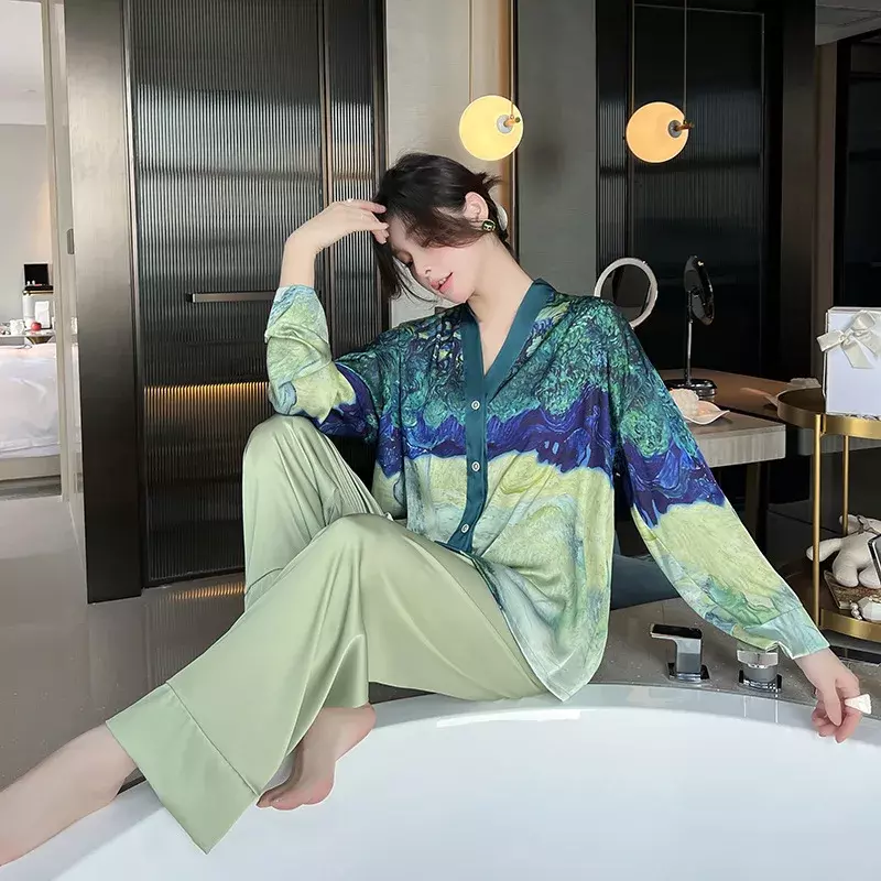 Ice Silk Pajamas Women's Long-sleeved Cardigan Printing Suit Home Clothes Spring and Autumn Women Pajama Sleepwear Nightwear