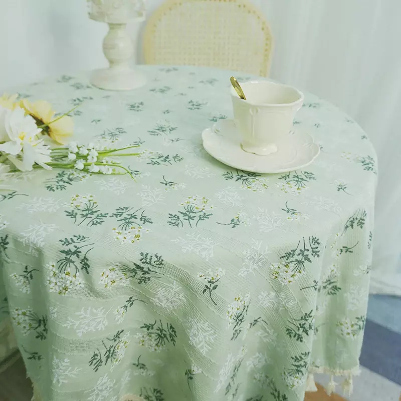녹색 꽃 테이블 천, 라운드 프린트 면 농가 테이블 커버, 주방 거실 다이닝, 세척 가능한 피크닉 장식