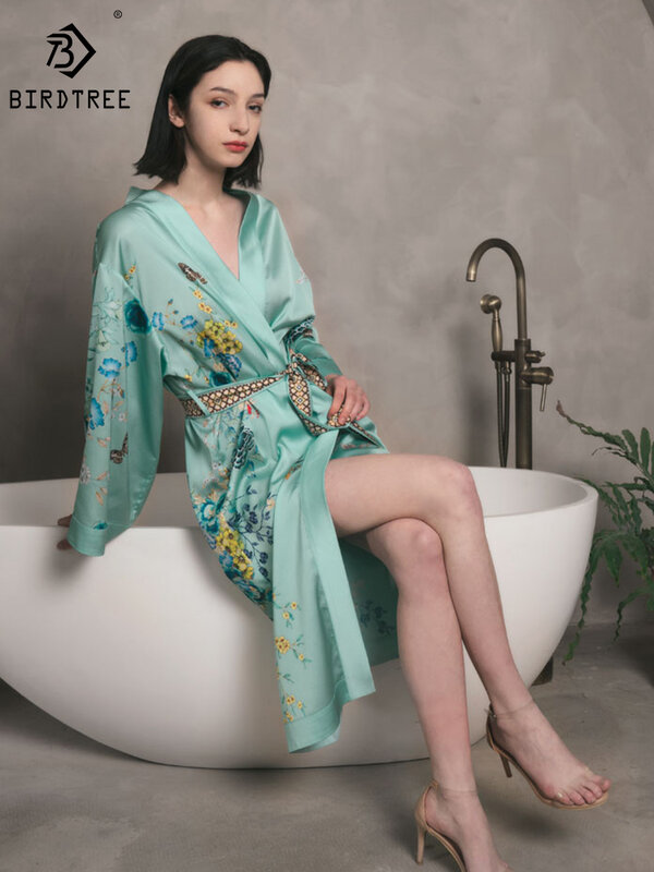 Birdtree 22MM 100%Mulberry Silk Elegant Nightgown Women's Flower Printed Long Dressing Gown 2024 Spring Summer New P41479QD
