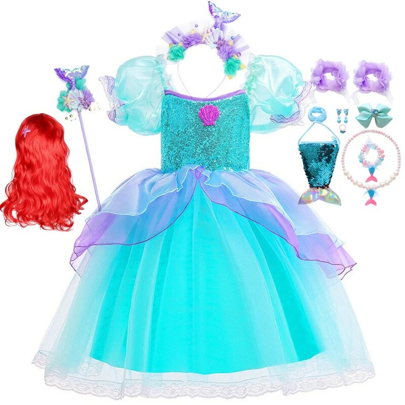 Mermaid Cosplay Dress com lantejoulas de malha para meninas, Princess Ball Gowns, Birthday Party Clothes, Evening Dress, Halloween e Carnaval, Ariel e Ariel