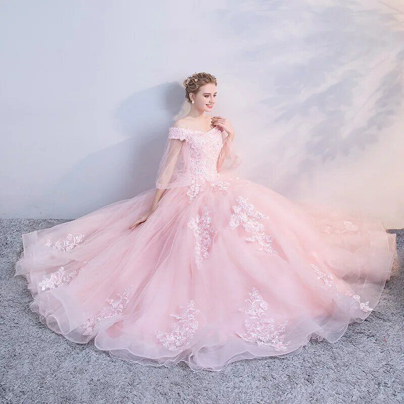 Pink Ball Gown Quinceanera Dresses Off The Shoulder See Through Evening Gowns with Lace Appliques Puffy Robe De Soiree Sweet 15