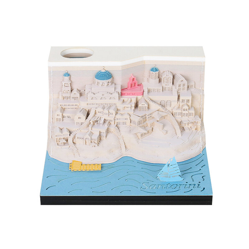 Desk Memo Pad With LED Lights Architecture Of Santorini Beach Scenic Area 3D Notepad Sculpture Gift For School Home Office