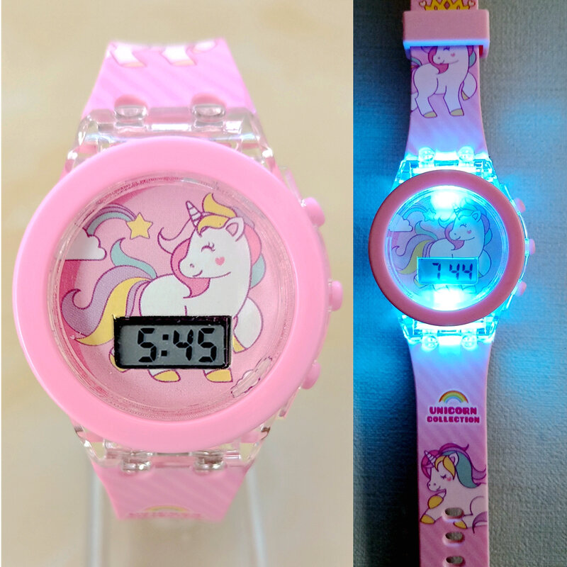Jam tangan LED Digital anak-anak, jam tangan elektronik Unicorn lucu, koleksi Digital, lampu Flash menyala, jam ulang tahun anak perempuan warna-warni