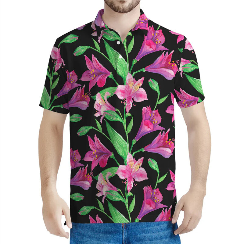 Camisa polo estampada em flores 3D masculina e feminina, camiseta de lapela floral, camisa de botão solto, manga curta casual, verão