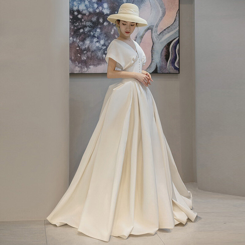 Francuski styl kobiety formalna sukienka dekolt w serek jednolity kolor satynowa suknia wieczorowa elegancka prosta długość podłogi bankiet Vestidos