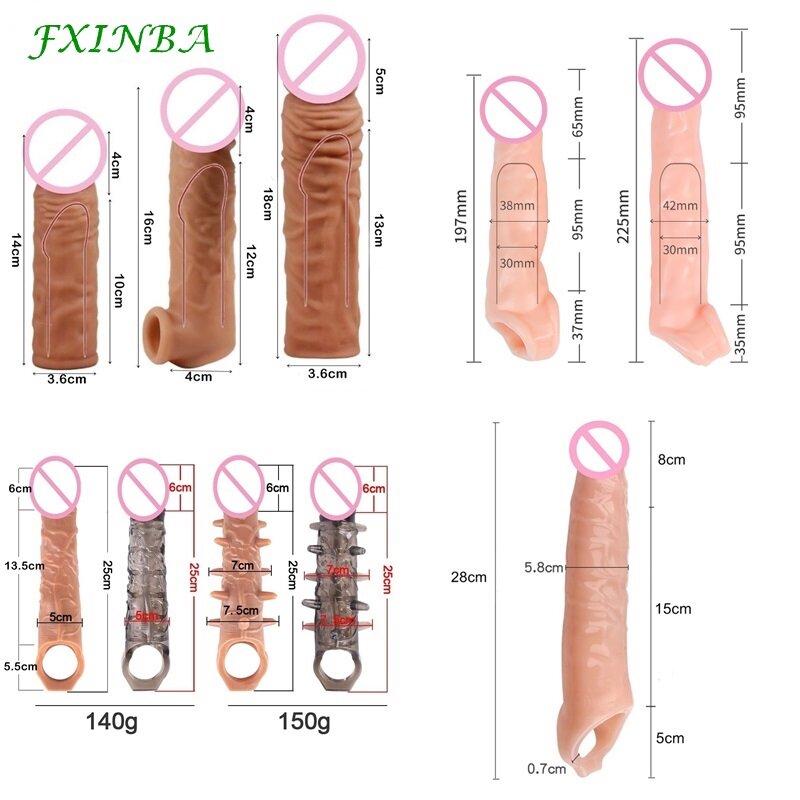 Fxinba ปลอกขยายขนาดอวัยวะเพศชายเหมือนจริง14-27ซม. เซ็กซ์ทอยผู้ชายใช้ซ้ำได้