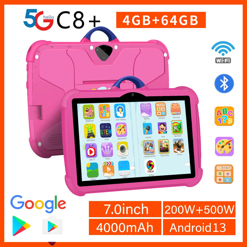 Bdf 7 Inch Kids Tablet Quad Core Android 13 4Gb En 64Gb Wifi Bluetooth Educatieve Software Geïnstalleerd 5G Wifi 4000Mah Batterij