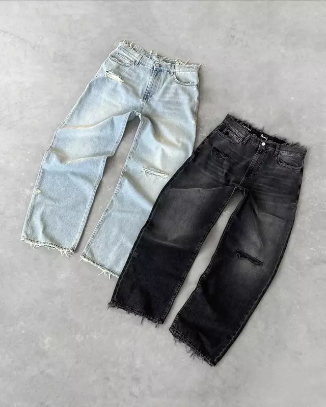 Уличные черные джинсы Y2k, прямые мешковатые джинсы в стиле ретро с вышивкой, модные готические рваные джинсовые брюки в стиле Харадзюку, хип-хоп, с высокой талией