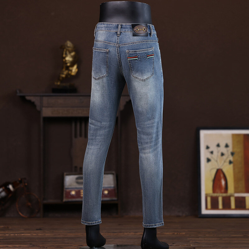 Jeans high-end masculino, slim fit, calças compridas, perna reta, comprimento médio, ajuste regular, moda de luxo, tendência leve, outono, novo, 2024