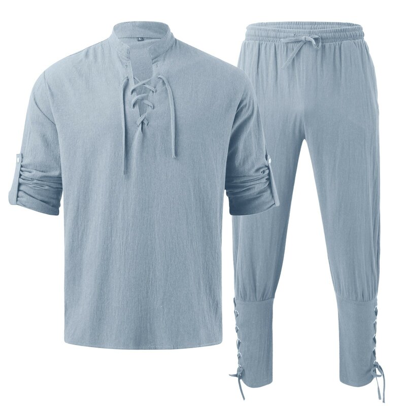 Мужской повседневный костюм из 2 предметов, рубашка и брюки из хлопка и льна с длинными рукавами, винтажные штаны с наклонной планкой, осень 2023