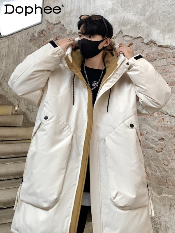 Fashion Mid-Length Down Jacket Men's Winter 2023 New Trendy Male Youth Popularity Thick White Duck Down Long Sleeve Trench Coats