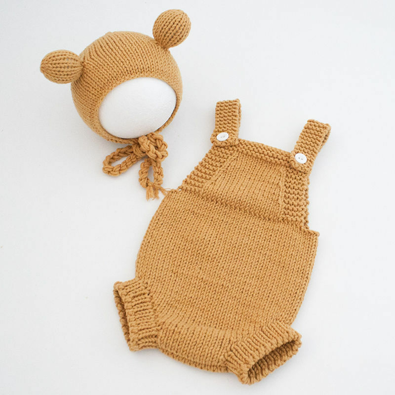 0-2 Month Newborn Bear Outfits for Photography Crochet Knit Jumpsuit Bear Ears Hat Costume Set Baby Photoshoot Props Accessories