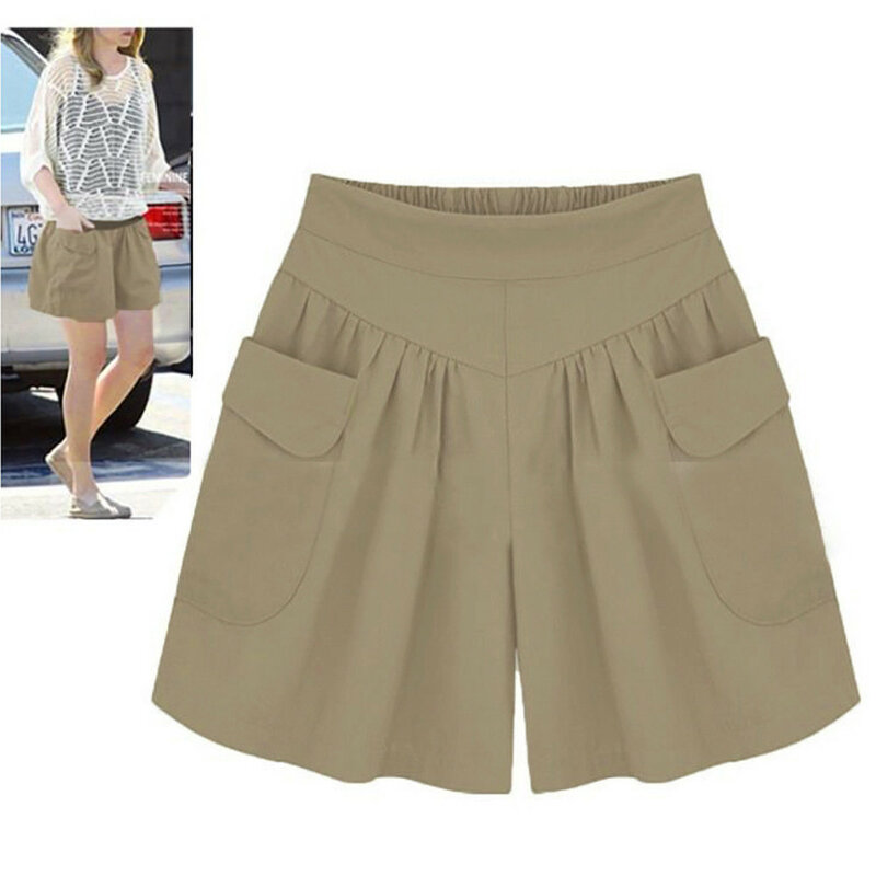 Shorts confortável casual feminino, calça Lady, tamanho positivo, bolsos soltos, monocromático, verão