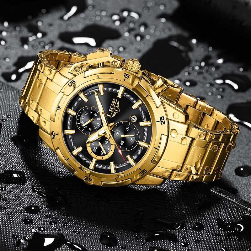 LIGE-Relógio esportivo casual masculino, todo aço, impermeável, Top Brand, Luxury Box, Relógio de pulso militar