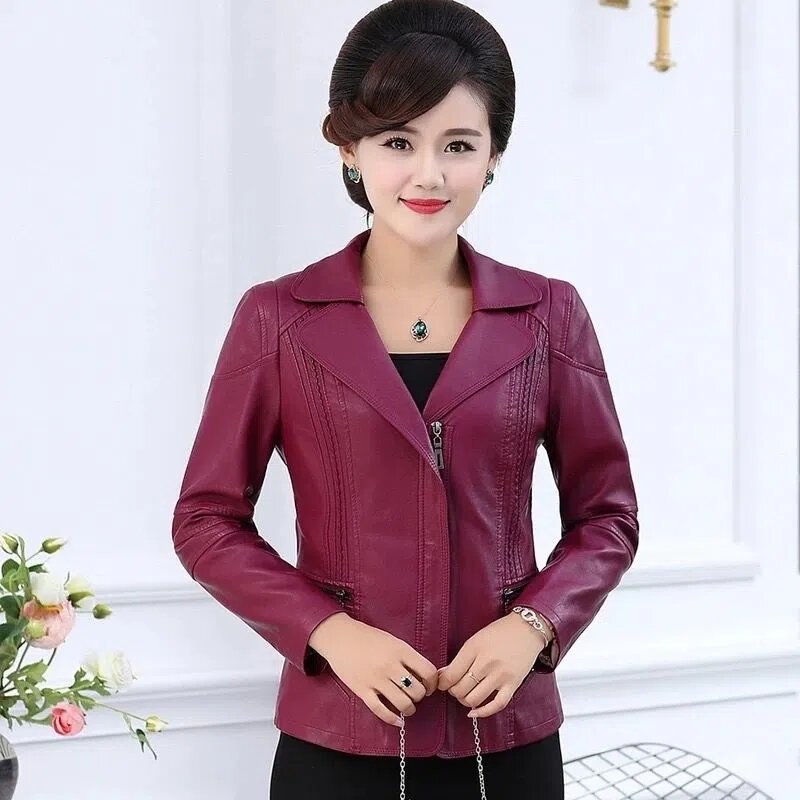 Women Leather Jacket Spring Autumn New Style Short Suit Collar Top Ladies Fashion Zipper Slim Fit Simple Ladies Leather Coat