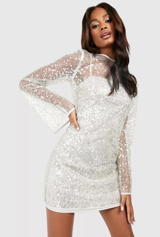 Gaun pesta pendek kasa payet putih, Set 2 potong untuk wanita 2024 lengan panjang leher-o modis wanita klub malam gaun Prom