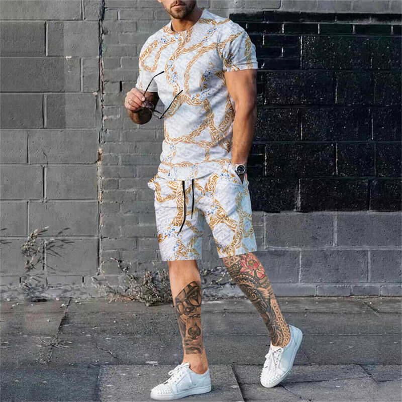 Summer New 3d Men's Full Body Printed T-Shirt Set Casual Fashion Luxury Style Full Set Of Clothes Street Wear Drawstring Shorts