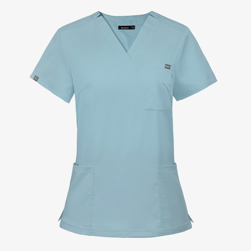 간호사 유니폼 여성 스크럽 탑, 의료 포켓 유니폼, 남성 반팔 브이넥 간호 셔츠, 실험실 스파 블라우스, 의료 액세서리