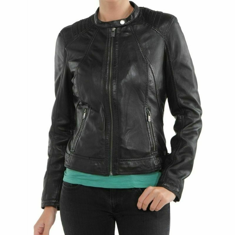 Черная стильная женская Байкерская кожаная куртка из шкуры ягненка, облегающая мотоциклетная куртка