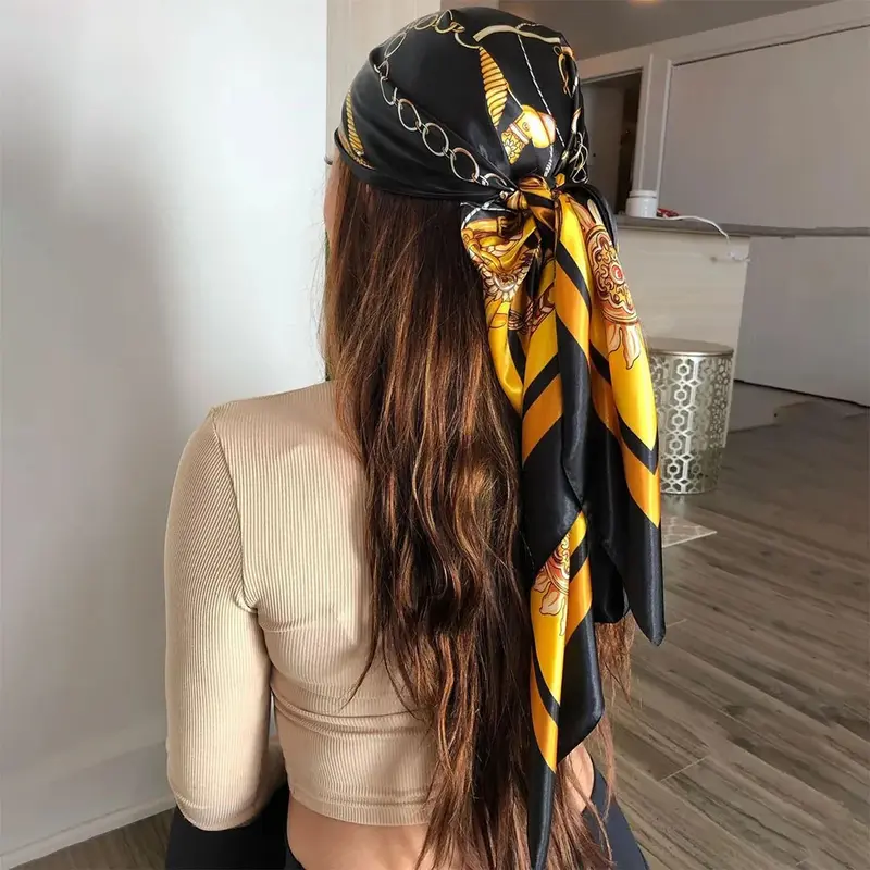 90*90cm Women Hijab Foulard Iuxe Silk Scarf Head Scarf Four Seasons Vintage Hair Scarf