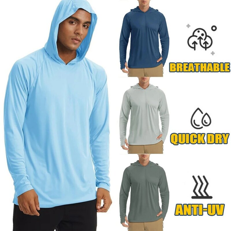 T-shirt à capuche à manches longues pour homme, protection solaire UV, course à pied, fitness, entraînement, randonnée en plein air, sports, UPF50