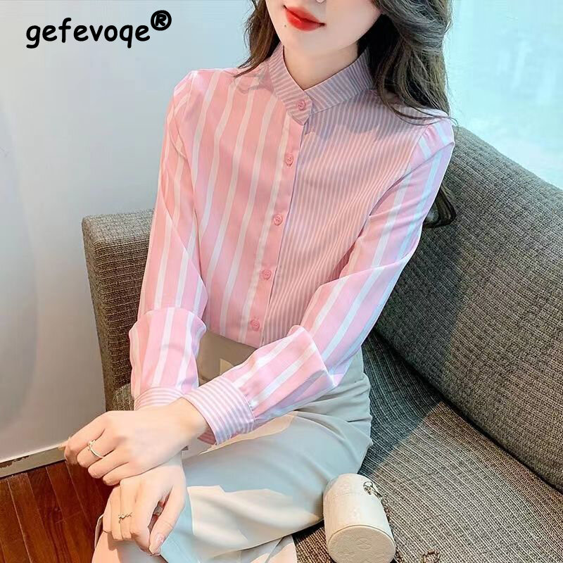 Camisa feminina de botão estampado listrado, elegante blusa doce com gola alta, tops casuais de manga longa, moda coreana, primavera 2022