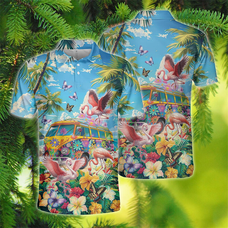 Polo gráfico de la selva Canaria para hombre, camiseta Harajuku hawaiana con pájaros tropicales, POLO de manga corta, cacatúa, Hippie, autobús, Tops