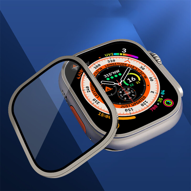 Caixa de liga de alumínio e vidro temperado para Apple Watch, protetor de tela para iWatch Ultra 2, 49mm, filme de capa HD, 1-2pcs
