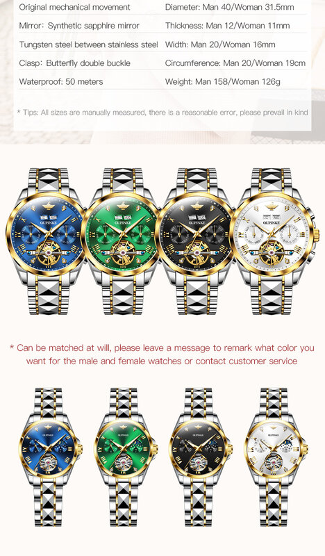 OUPINKE-Reloj de pulsera con espejo de zafiro para pareja, cronógrafo mecánico automático, Tourbillon, Original, lujo