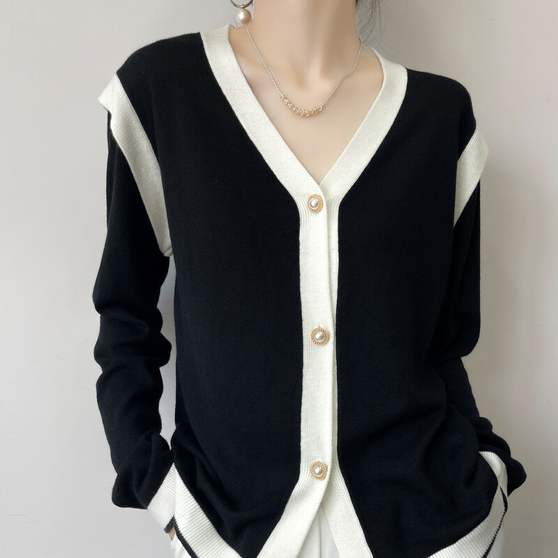 Cardigã de lã de peito único feminino, jumper gola v, suéter feminino fino, patchwork branco e preto, simples e fino, primavera e outono
