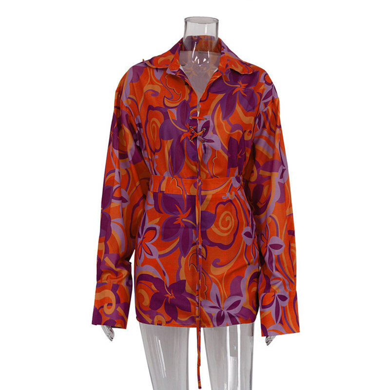 Conjunto de 2 piezas con estampado para mujer, camisa de manga larga con minifalda de cintura alta, ropa de calle elegante, 2024