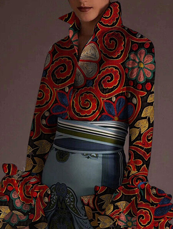 Блузка женская демисезонная из денима, с оборками и расклешенными рукавами