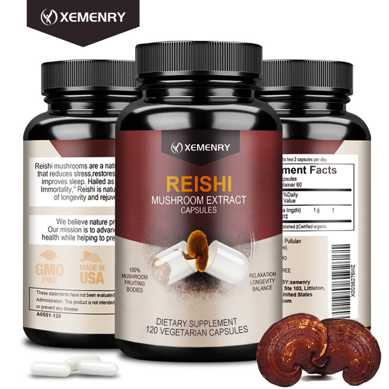 Cápsulas de Reishi, extracto de Reishi, ayuda con la longevidad, el estado de ánimo, el sueño y el soporte inmunológico, suplemento vegano no OGM