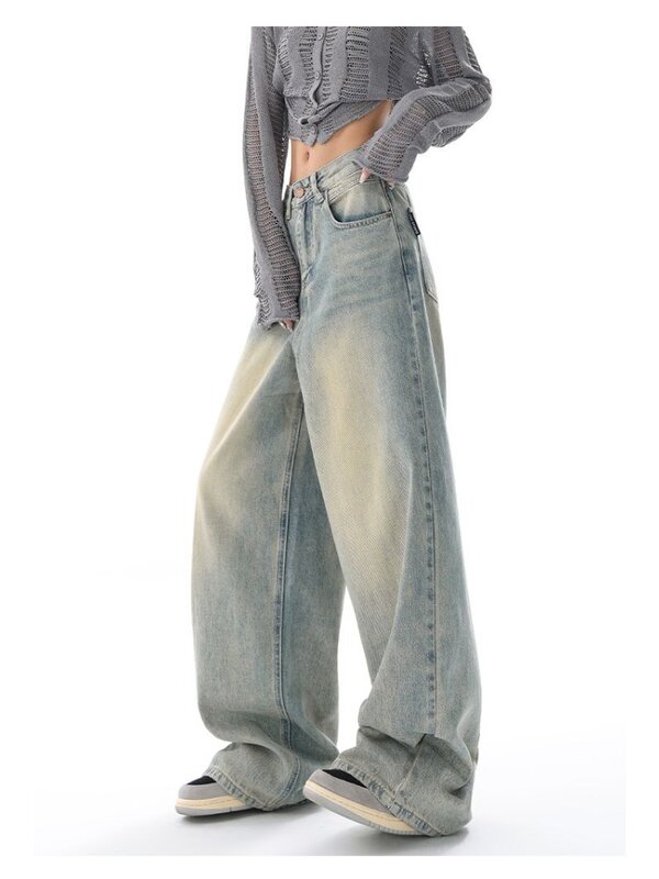 HOUZHOU-mulheres angustiadas calças jeans baggy azuis, calças oversize, calças jeans, perna larga, solto, grunge Y2k, kpop, harajuku, retrô