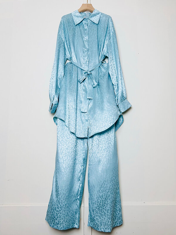 Vintage geometric print lapel lace-up long shirt two-piece set 2024 women's new + high-waisted baggy wide-leg pants fashion set