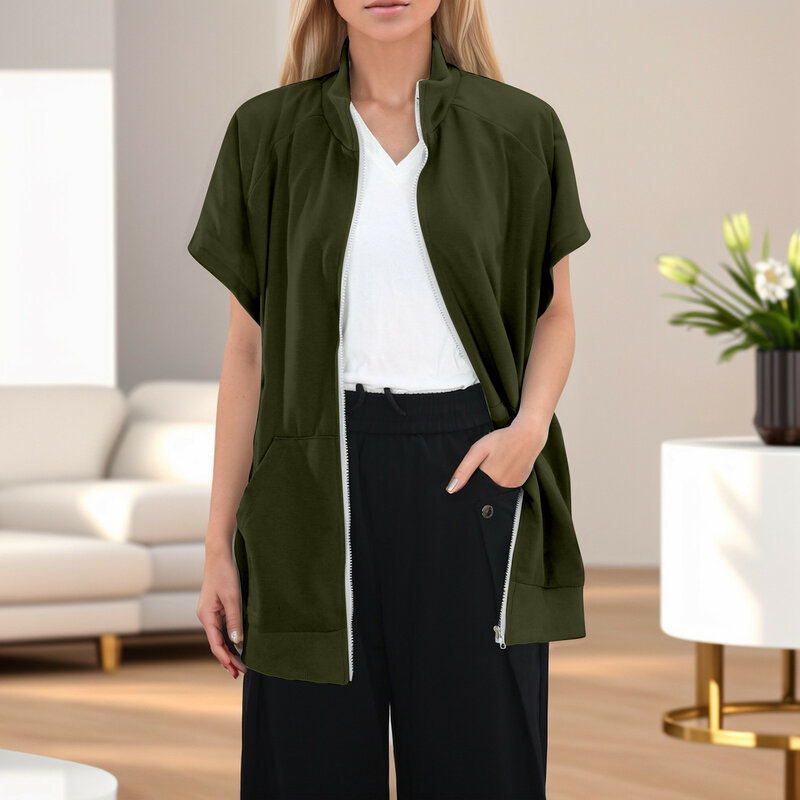 2024 Damen lässig Revers Reiß verschluss Sweatshirt Mode ärmellose einfarbige übergroße Sweatshirt weibliche Faden Tasche Bluse Tops