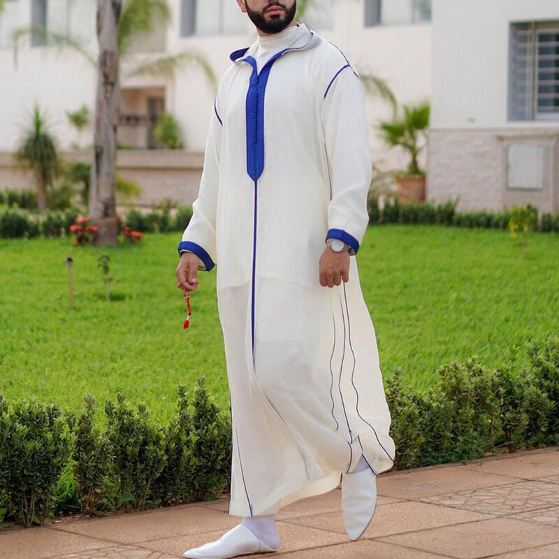 Bata informal de moda Abaya para hombre, azul oscuro, cuello levantado, Pakistán, Arabia Saudita musulmana, Djellaba, Islam, ropa de oración, afgana