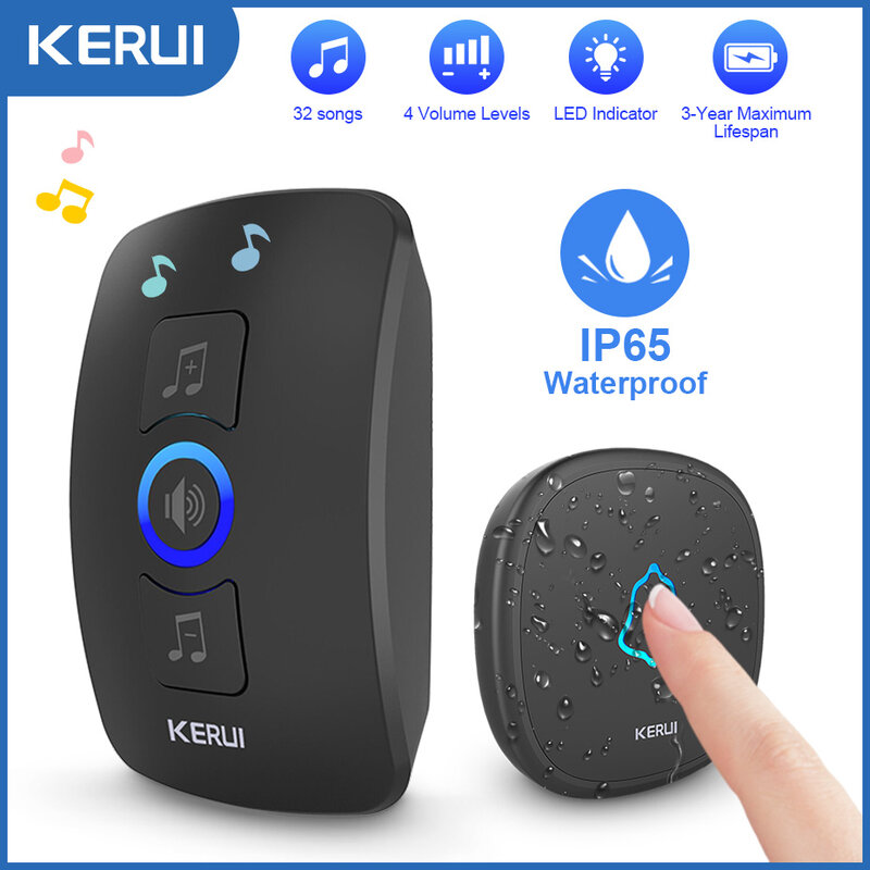 Kerui-タッチボタン付きワイヤレスドアベル、屋外用防水ドアベル、500ftリモート、コードレス、32チャイム、433mhz、m525