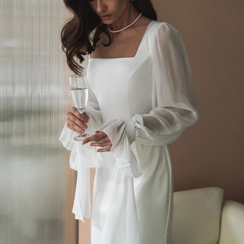 New Elegant French Fishtail Dress Spring And Summer Women's Square Neck Panel Mesh Micro Transparent Flare Sleeves Evening Dress