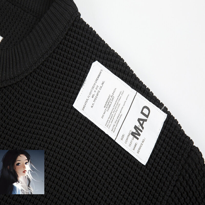 MADNESS 남녀공용 순수 니트 스웨터, 라운드 넥, 두꺼운 스웨터, 헤비웨이트 MDNS 풀오버, 일본 하이 퀄리티, 블랙 그레이