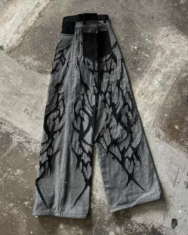 Fashionable High-waisted Trousers Raw Edge Washed Jeans Men Street Loose European and American Oversized Straight Wide-leg Pants