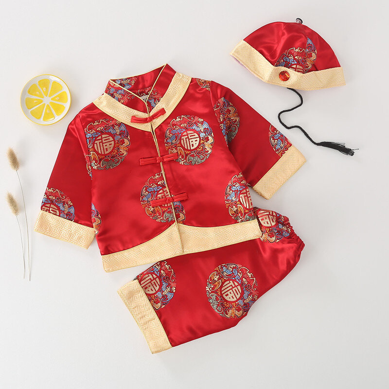 Vestido de lua cheia de bebê Tang, requintado bordado jacquard, conjunto de 3 peças para festa de aniversário, ano novo, 2022