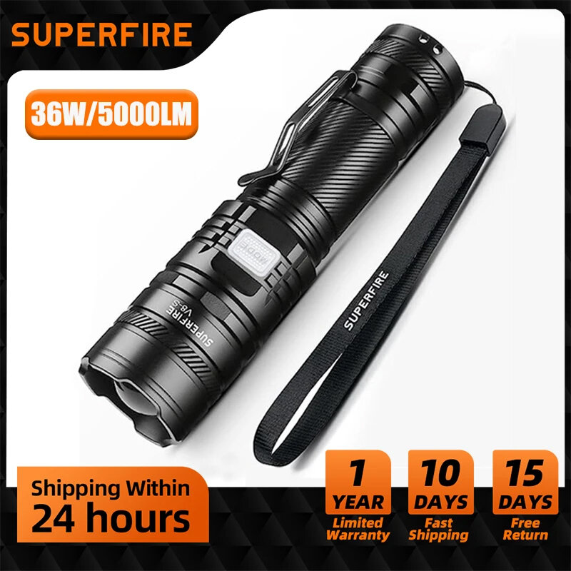 36W High Power LED Waterproof Flashlight Torch With Wick 26650 Battery Powerful 5000LM Indicator USB-C Tactical Hunting Lights
