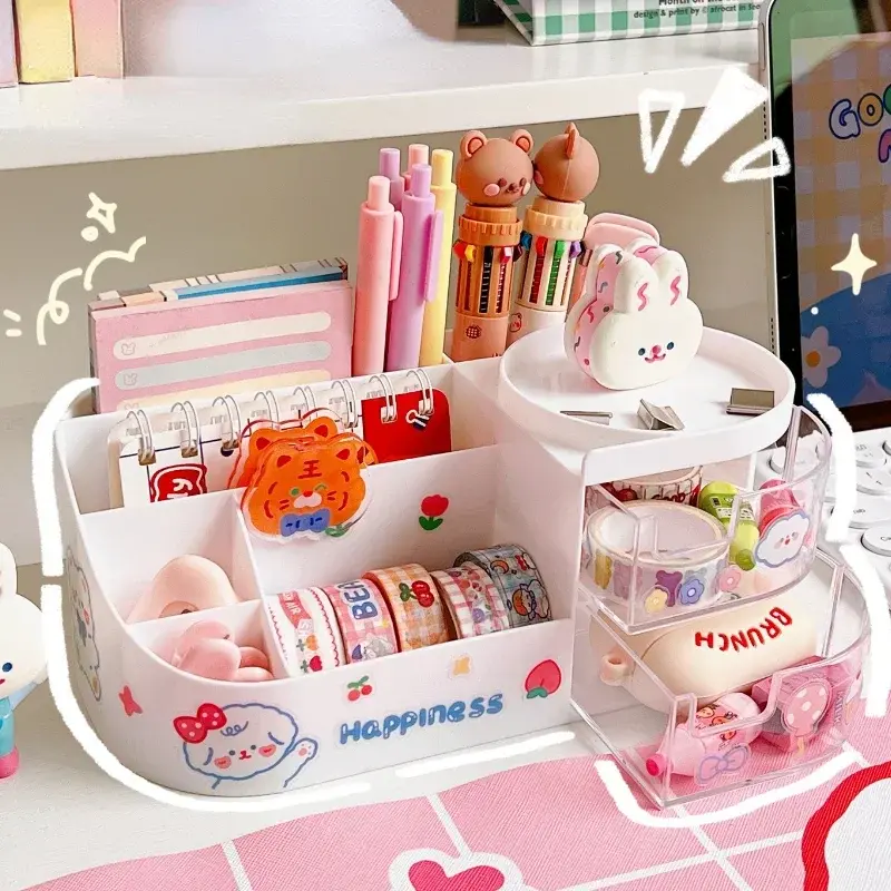 Porte-stylo de bureau Kawaii pour filles, boîte de rangement mignonne, porte-crayons, accessoires de bureau de retour à l'école