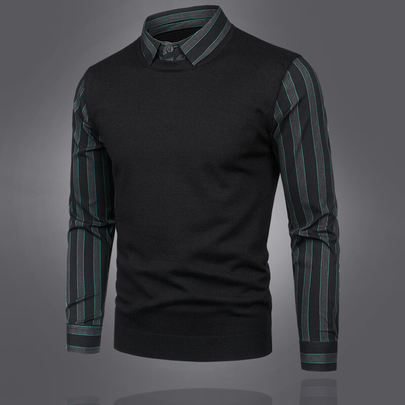 2022 new autumn slim men's youth fake two-piece shirt collar knitted sweater bottoming shirt christmas sweater